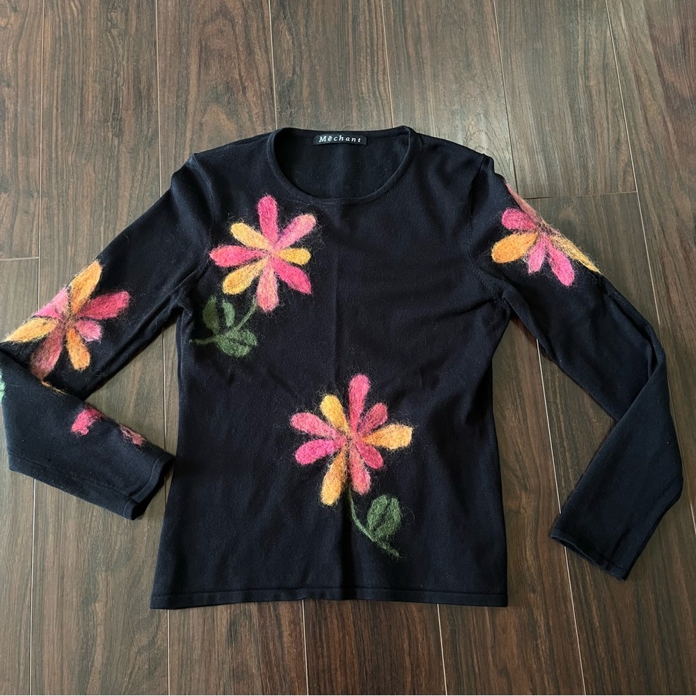Vintage Méchant Black Daisy Felt Sweater